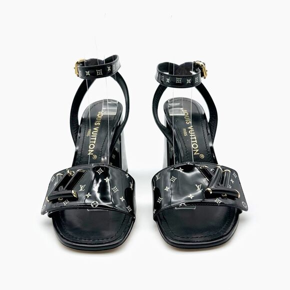 LOUIS VUITTON Shake Black LV Turnlock Block Heel Sandal Size 37.5 Printed Patent - Picture 4 of 12